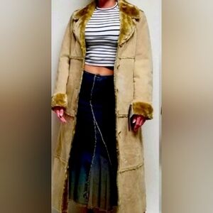 Brandon Thomas Beige Shearling Long Coat with Tan Fur Trim